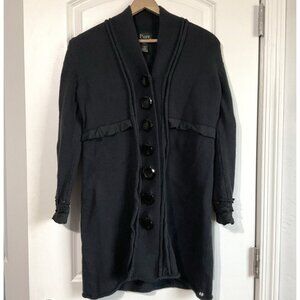Pure Handknit Womens Black Long Cardigan Sweater M/L Jumbo Buttons Ruffle Detail